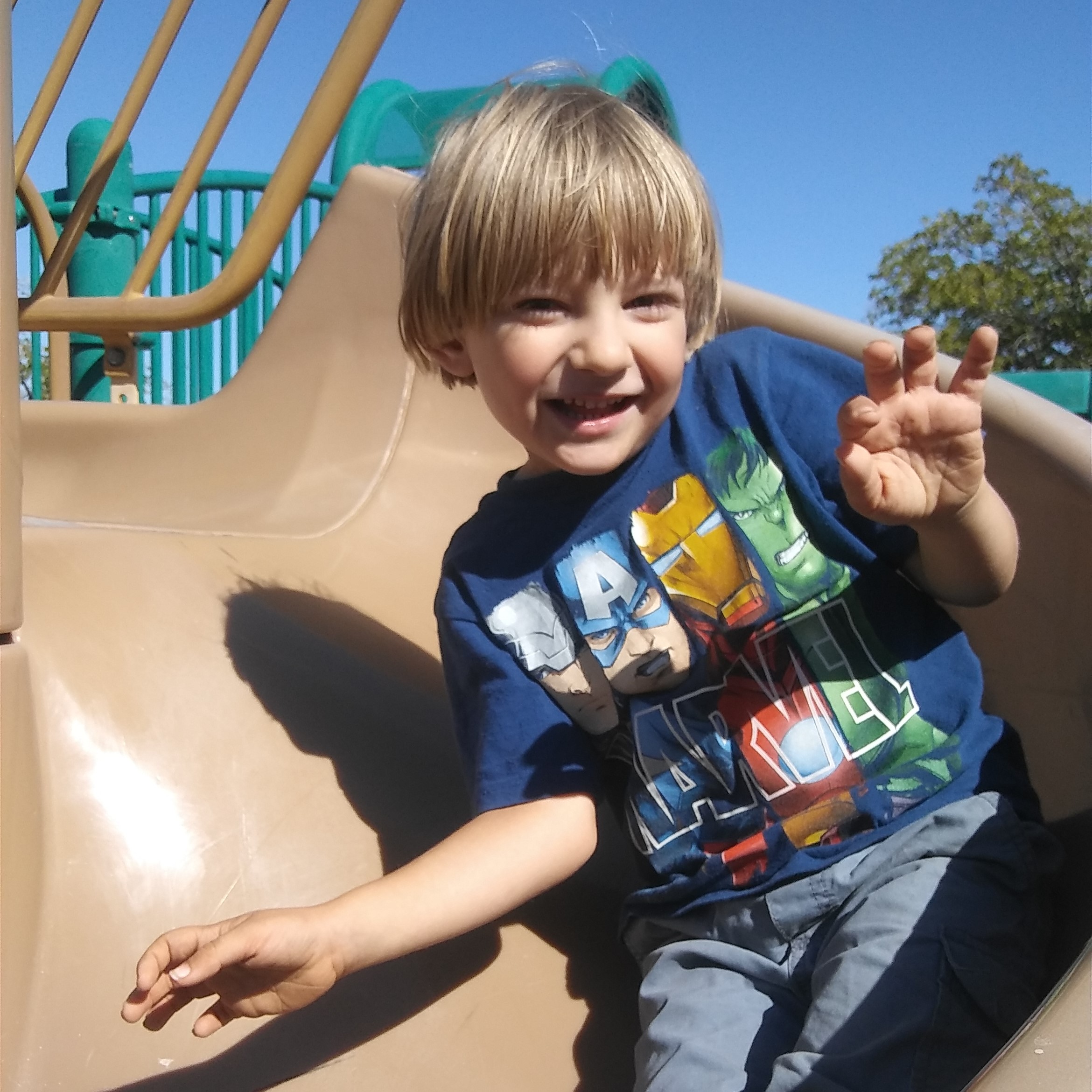 Doodle sliding down the slide